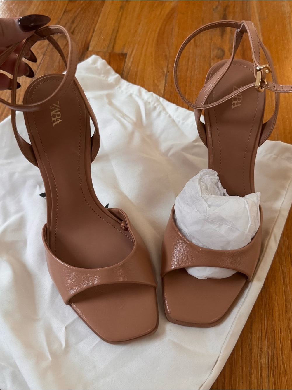 Zara Brown/Tan Leather Square-Toe Ankle-Strap Heels